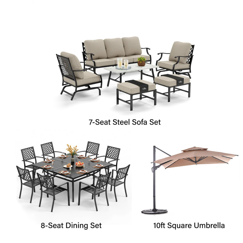 Phi Villa 15-Person Outdoor Patio Furniture Combination Set with Sofa Set, Dining Set, and Umbrella