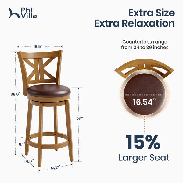 360° Swivel Farmhouse Wood Bar Stools with Patented K-Shaped Back