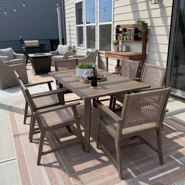 Honey Acacia Wood & Wicker Dining Set for Garden, Porch PHI VILLA