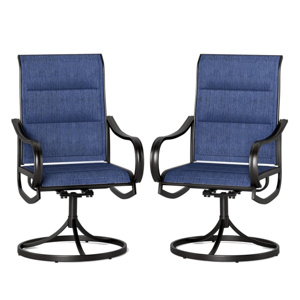 Two blue patio swivel dining chairs with upgraded padded seats for porch/deck