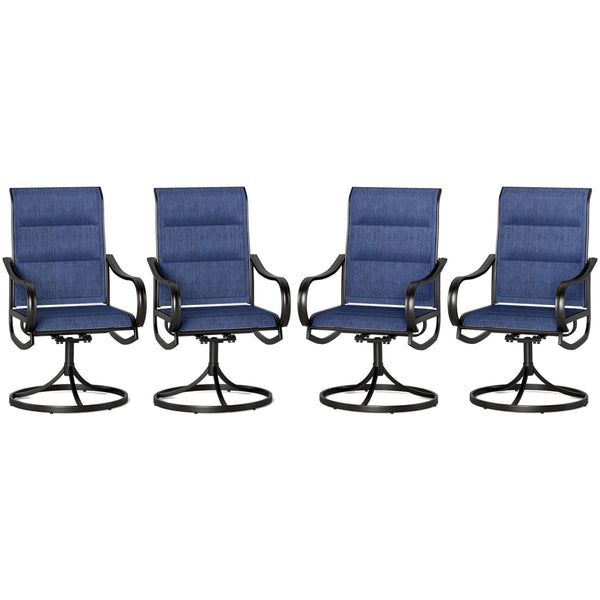 4 Blue outdoor swivel dining chairs with upgraded padded seats for porch/deck