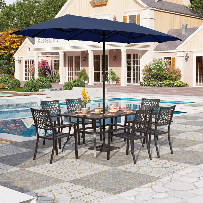 PHI VILLA 8-Piece Patio Dining Set with 13ft Umbrella & Metal Steel Table & Fixed Steckable Chairs