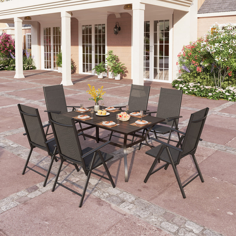 Phi Villa Patio 7/9 Piece Dining Set with Black Folding Sling Chairs & Steel Table