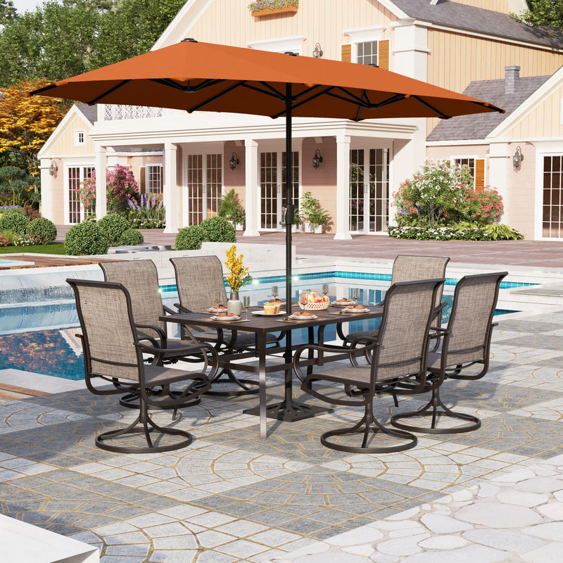 PHI VILLA 8-Piece Patio Dining Set with 13ft Umbrella & Steel Rectangle Table & Textilene Swivel Chairs