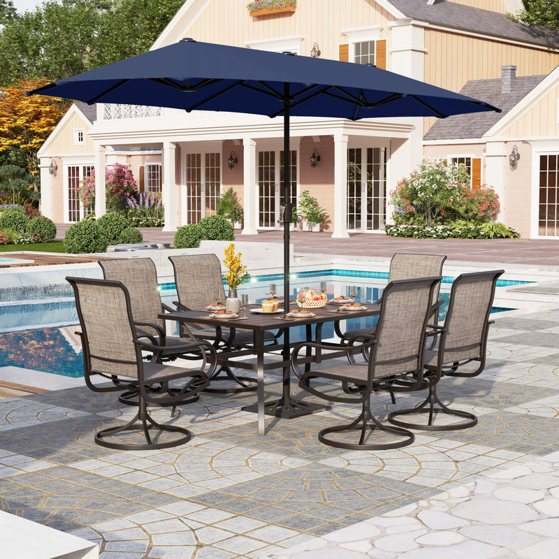 PHI VILLA 8-Piece Patio Dining Set with 13ft Umbrella & Steel Rectangle Table & Textilene Swivel Chairs
