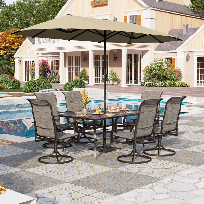 PHI VILLA 8-Piece Outdoor Dining Set with 13ft Umbrella & Rectangle Steel Table & Swivel Textilene Wave Arm Chairs