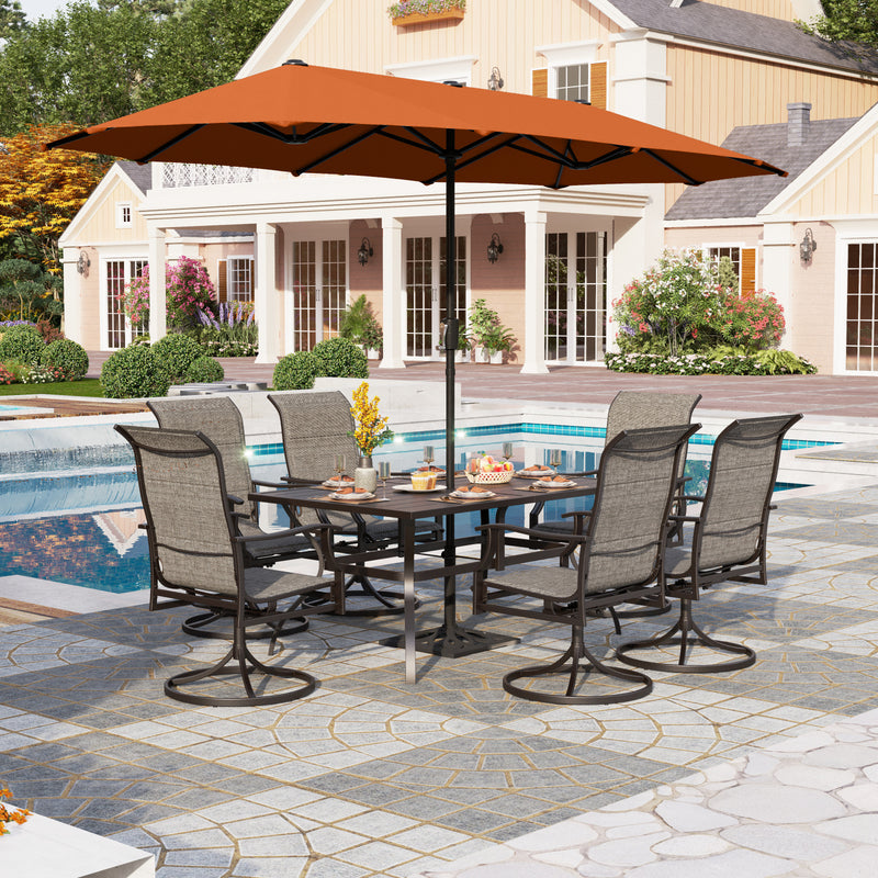 PHI VILLA 8-Piece Outdoor Dining Set with 13ft Umbrella & Rectangle Steel Table & Swivel Textilene Wave Arm Chairs