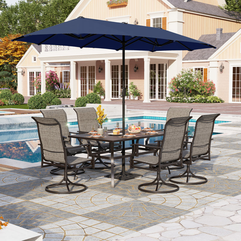 PHI VILLA 8-Piece Outdoor Dining Set with 13ft Umbrella & Rectangle Steel Table & Swivel Textilene Wave Arm Chairs