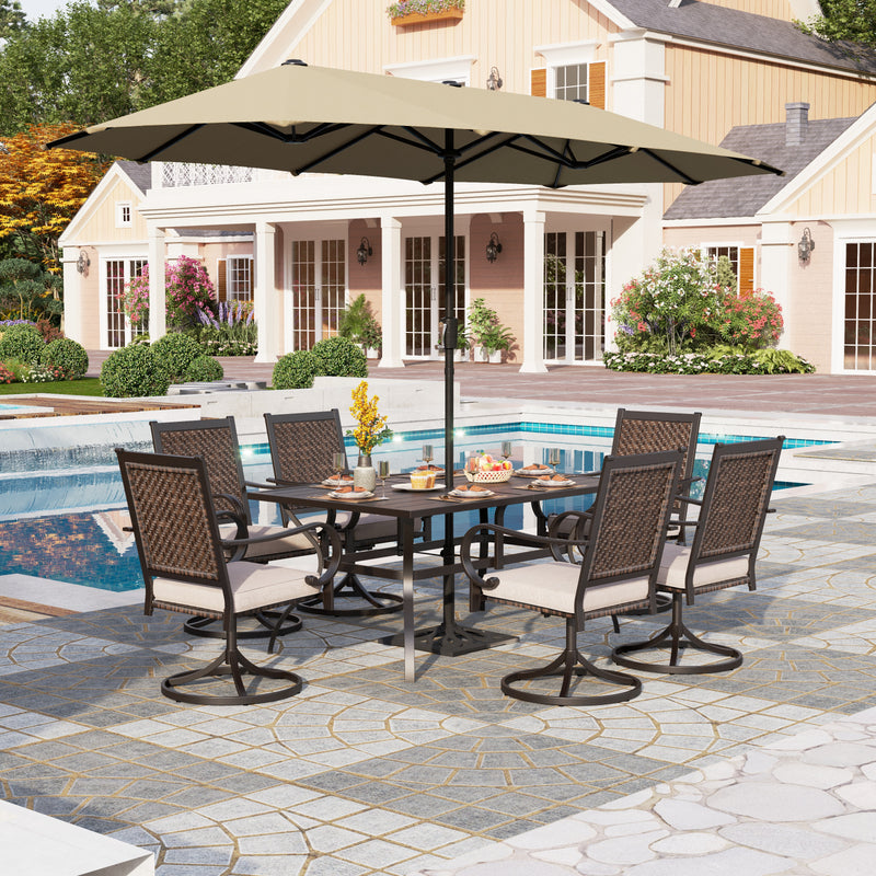 PHI VILLA 8-Piece Outdoor Dining Set with 13ft Umbrella & Steel Rectangle Table & Cushioned Rattan Swivel Chairs