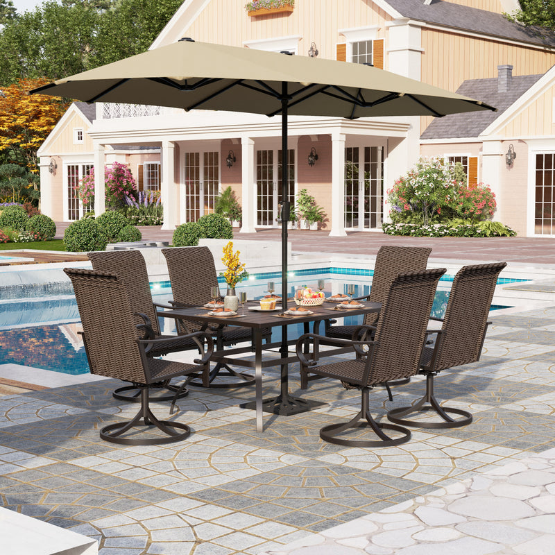 PHI VILLA 8-Piece Patio Dining Set with 13ft Umbrella & Steel Rectangle Table & Rattan Swivel Curved Arm Chairs