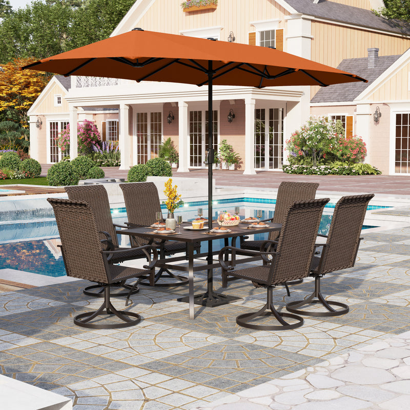 PHI VILLA 8-Piece Patio Dining Set with 13ft Umbrella & Steel Rectangle Table & Rattan Swivel Curved Arm Chairs