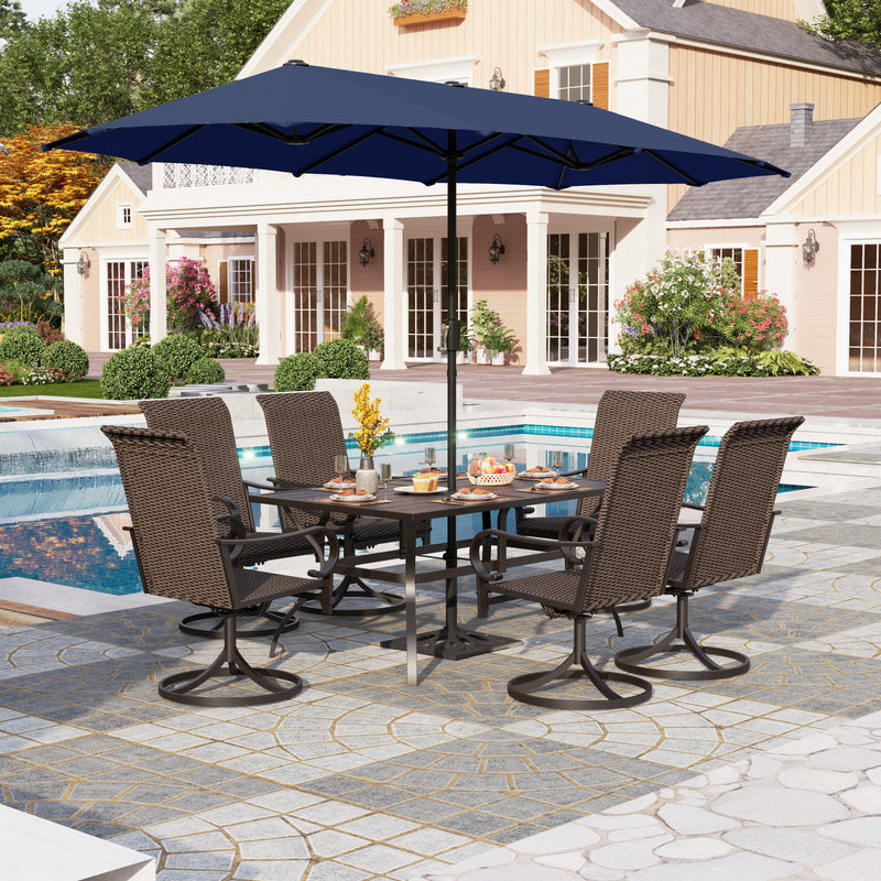 PHI VILLA 8-Piece Patio Dining Set with 13ft Umbrella & Steel Rectangle Table & Rattan Swivel Curved Arm Chairs