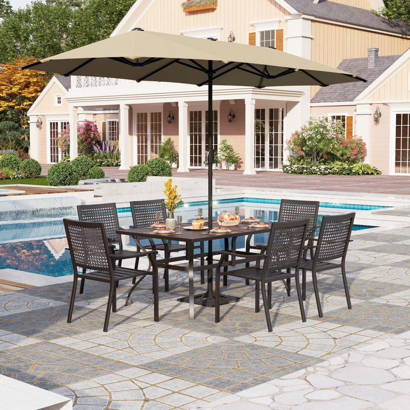 PHI VILLA 8-Piece Outdoor Dining Set with 13ft Umbrella & Steel Rectangle Table & Bullseye Pattern Fixed Steel Chairs