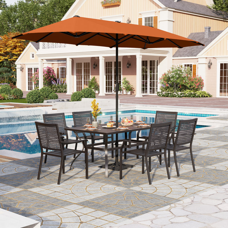 PHI VILLA 8-Piece Outdoor Dining Set with 13ft Umbrella & Steel Rectangle Table & Bullseye Pattern Fixed Steel Chairs