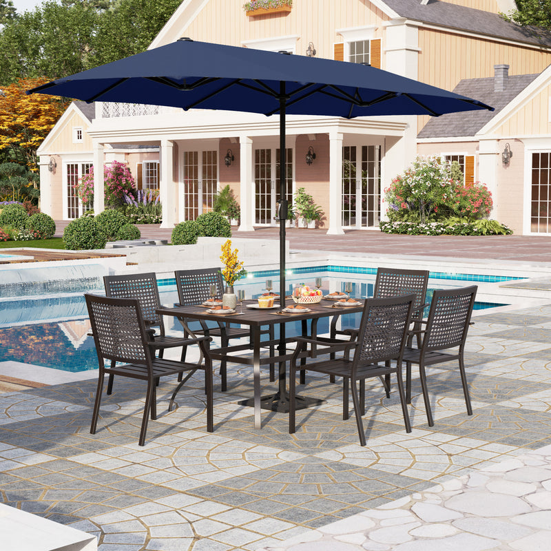 PHI VILLA 8-Piece Outdoor Dining Set with 13ft Umbrella & Steel Rectangle Table & Bullseye Pattern Fixed Steel Chairs
