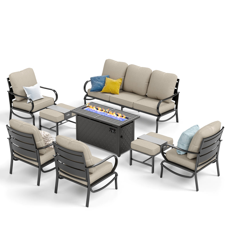 PHI VILLA 9-Seat Patio Steel Conversation Sofa Sets With Leather Grain Fire Pit Table