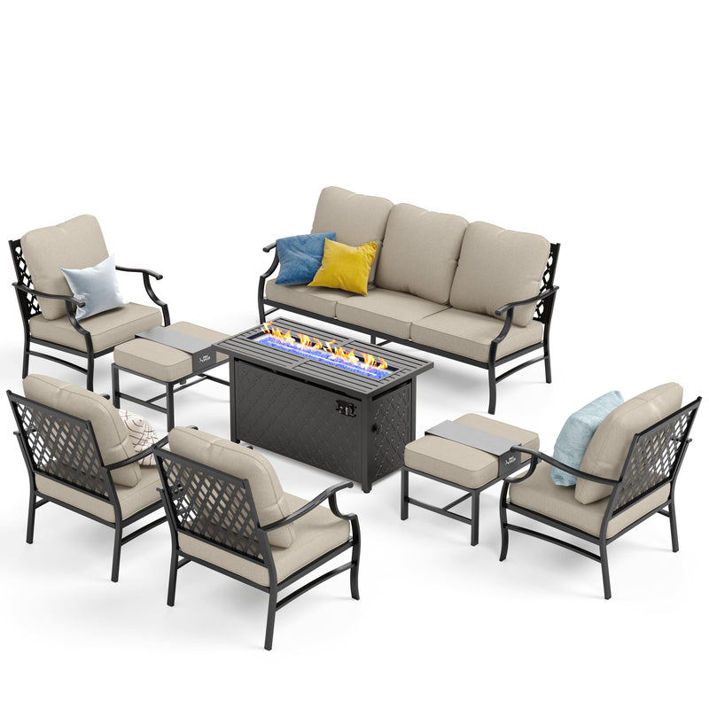 Phi Villa 9-Seat Outdoor Steel Conversation Sofa Set With Leather Grain Fire Pit Table