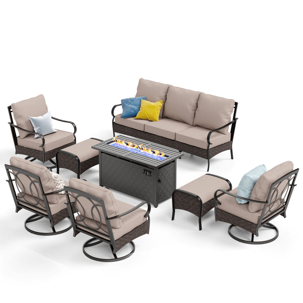 Phi Villa 9-Seat Outdoor Steel & Rattan Conversation Sofa Set With Leather Grain Fire Pit Table
