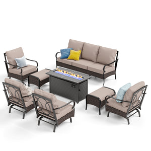 Phi Villa 9-Seat Outdoor Steel & Rattan Conversation Sofa Set With Leather Grain Fire Pit Table