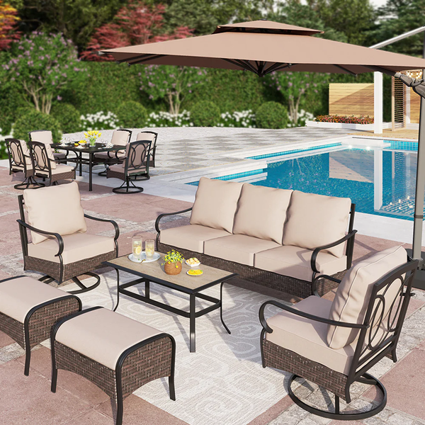 PHI VILLA 13-Piece Set with 7-Seat Rattan Conversation Sofa Set and 6-Seat Dining Set with Extendable Table and 10ft Square Umbrella