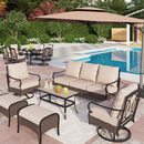 PHI VILLA 13-Piece Set with 7-Seat Rattan Conversation Sofa Set and 6-Seat Dining Set with Extendable Table and 10ft Square Umbrella