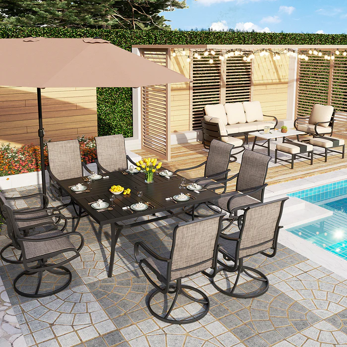 PHI VILLA 15-Piece Set with 7-Seat Steel Conversation Sofa Set and 8-Seat Dining Set with Square Table and 15ft Double-Sided Twin Umbrella
