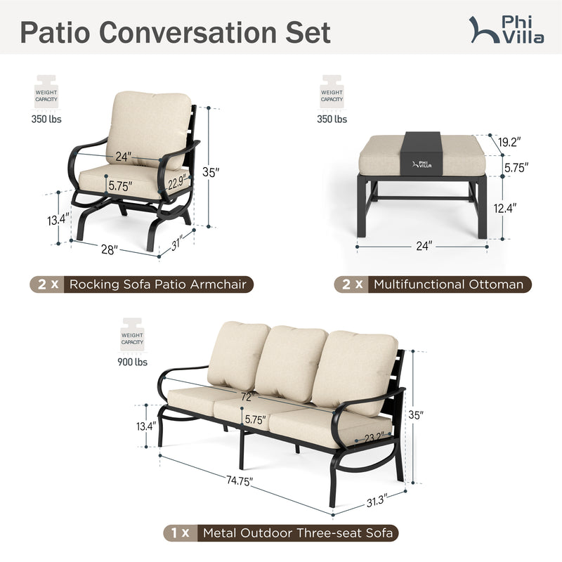 Phi Villa 7-Seater Patio Steel Sofa with Multi-functional Ottomans