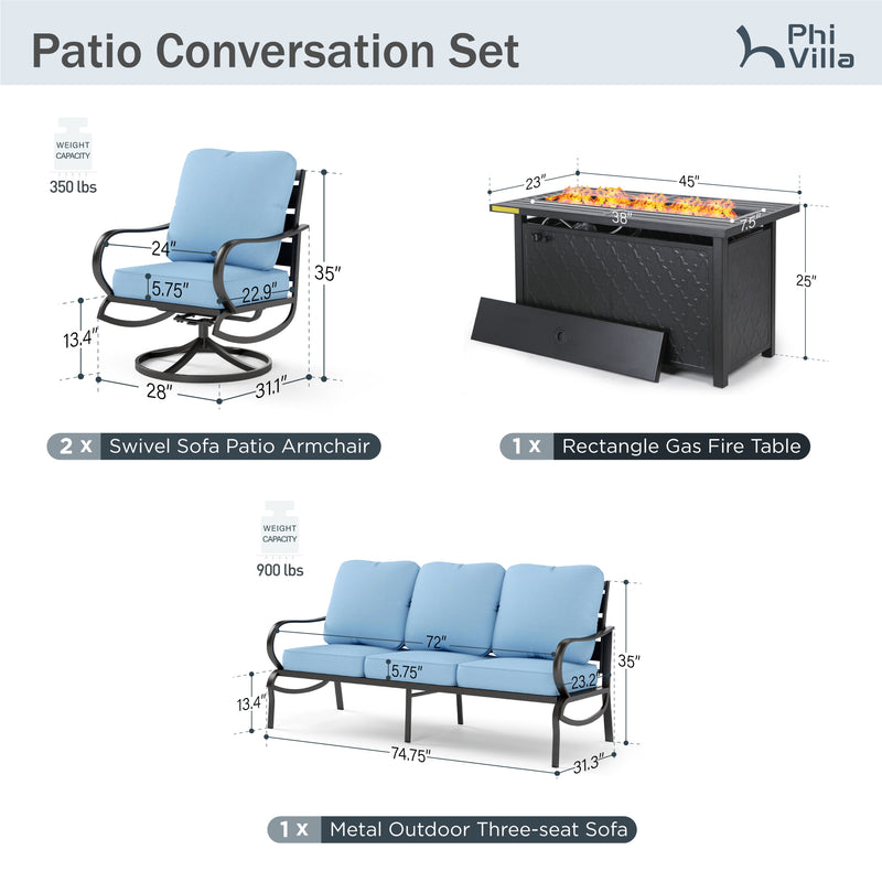 Phi Villa 5-Seater Patio Steel Conversation Sofa Sets With Leather Grain Fire Pit Table