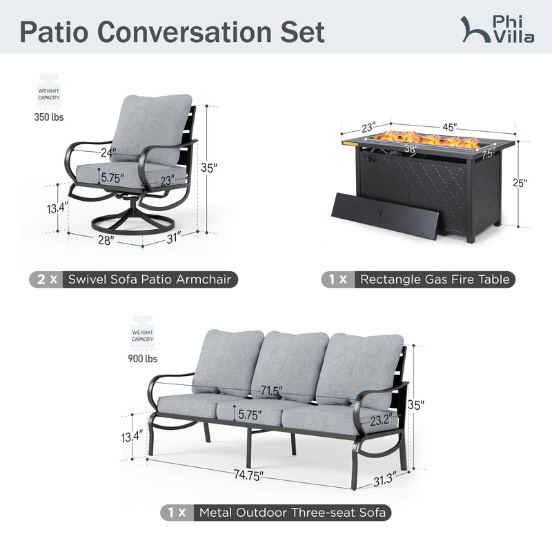 Phi Villa 5-Seat Patio Steel Conversation Sofa Sets With Leather Grain Fire Pit Table