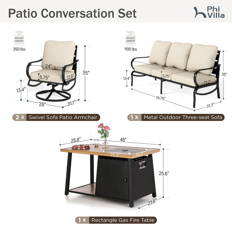 Phi Villa 5-Seater Patio Steel Conversation Sofa Sets With Wood-pattern Fire Pit Table