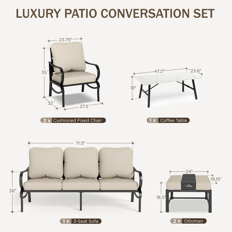 Phi Villa 7-Seat Patio Steel Conversation Sofa Set With Coffee Table & Ottomans