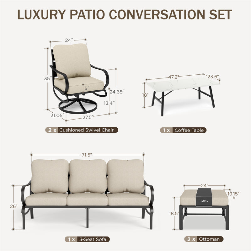 Phi Villa 7-Seat Patio Steel Conversation Sofa Set With Coffee Table & Ottomans