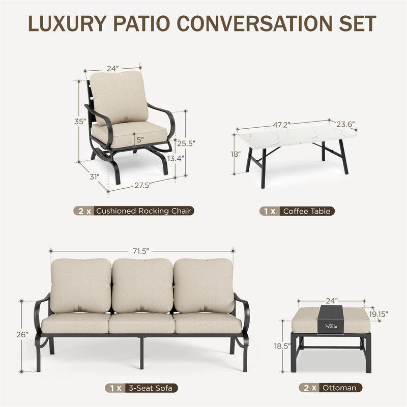 Phi Villa 7-Seat Patio Steel Conversation Sofa Set With Coffee Table & Ottomans