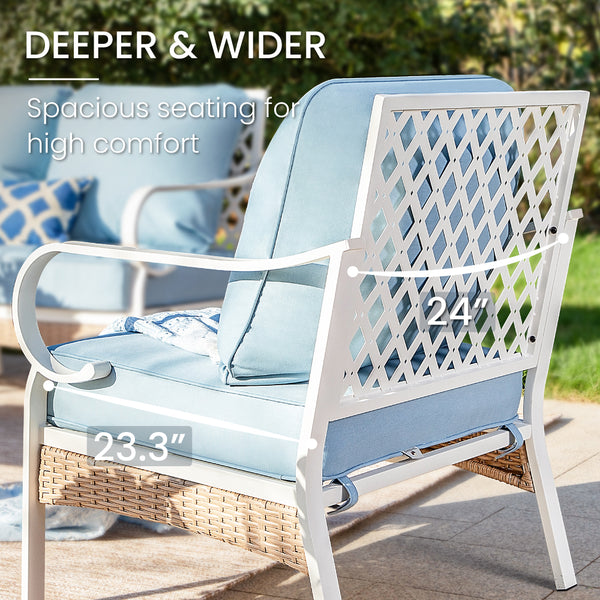 5-Seater Patio Metal All-White Sofa Set with Rattan Edge for Sale