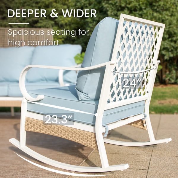 5-Seater Patio Metal All-White Sofa Set with Rattan Edge for Sale