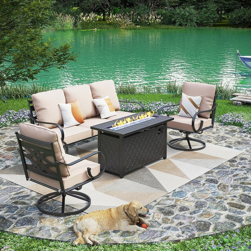 PHI VILLA 5-Seat Patio Steel Conversation Sofa Sets With Leather Grain Fire Pit Table