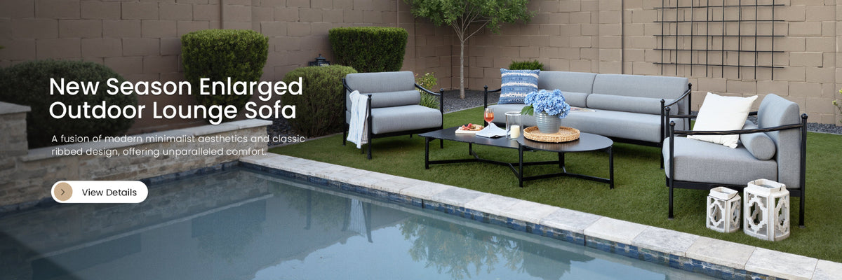 Outdoor lounge sofa set by a pool with text about a new season enlarged outdoor lounge sofa.