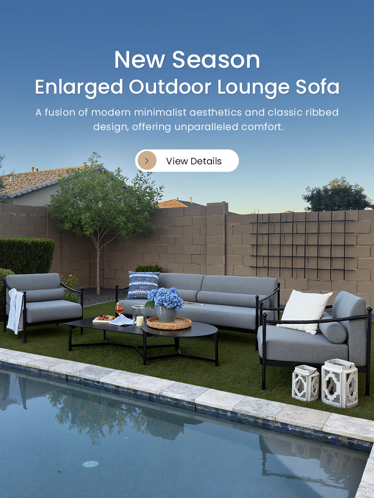 Outdoor lounge sofa set by a pool with text about the 'New Season Enlarged Outdoor Lounge Sofa'.