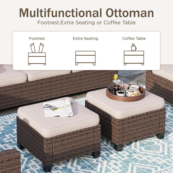 Phi Villa 7-Seater Outdoor Rattan Conversation Sofa Set With Ottomans