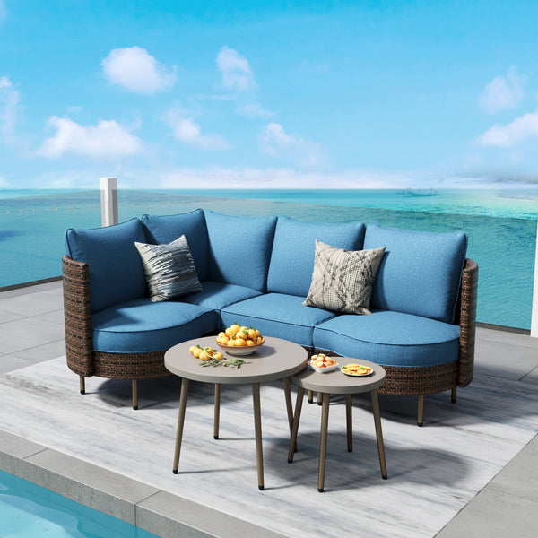 Curved Sectional Sofa Set in Vintage Rattan and Cushions