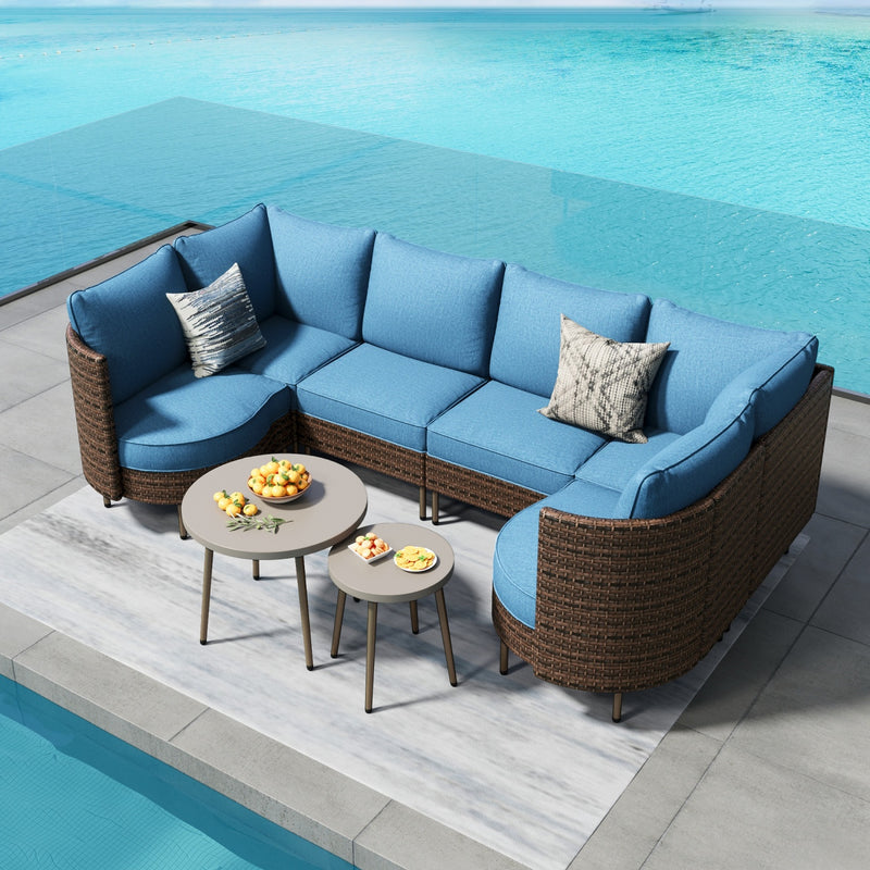 Phi Villa Patio Navy Curved Sectional Wicker Sofa Set