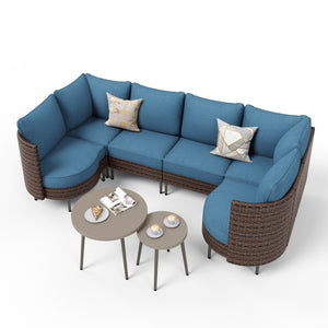 Curved Sectional Sofa Set in Vintage Rattan and Cushions