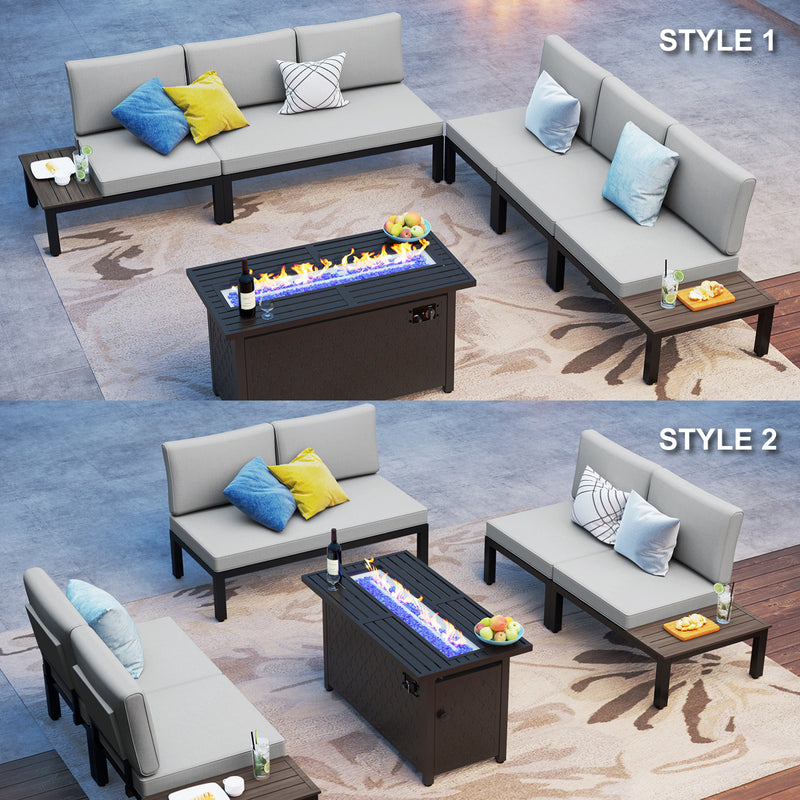 Phi Villa 6-Seater Modular Sofa Set with Integrated Side Table & Rectangle Metal Gas Fire Pit Table