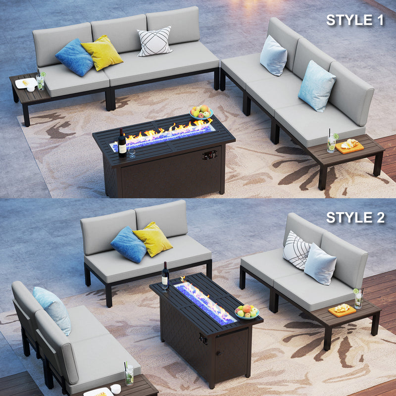 PHI VILLA Modular 6-Piece Sofa Set with Integrated Side Table and Rectangle Metal Gas Fire Pit Table