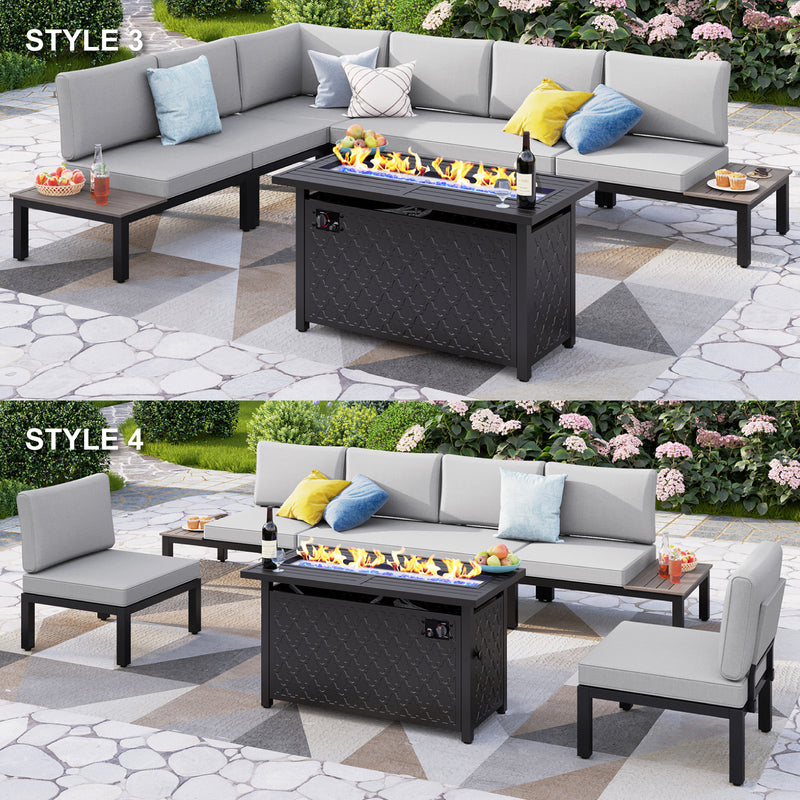 Phi Villa 6-Seater Modular Sofa Set with Integrated Side Table & Rectangle Metal Gas Fire Pit Table