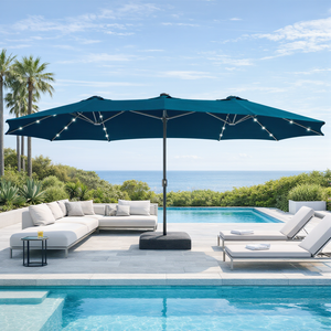 15ft Solar Double-Sided Patio Extra Large Twin Umbrella with Led Lights and Base