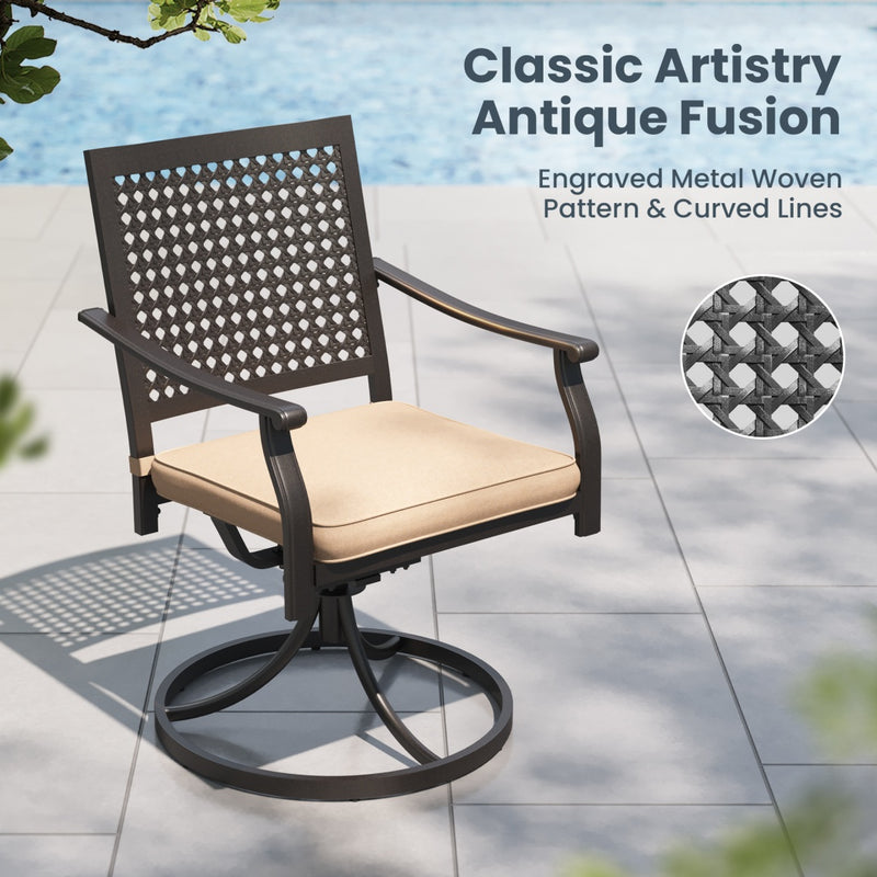 PHI VILLA Outdoor Fixed Steel Dining Chairs with Bullseye Flower Pattern - Set of 2