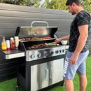 A silver 6-burner gas BBQ patio grill with a side burner, perfect for grilling food.