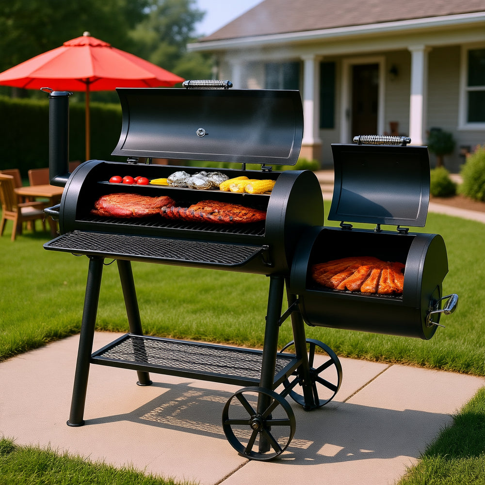 2-In-1 Charcoal Smoker Grill with Offset Box-Captiva Designs