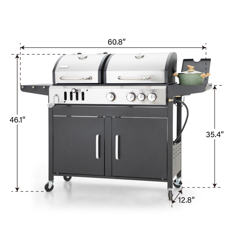 3-Burner Dual Fuel Gas and Charcoal Grill Combo with Side Burner 37000 BTU-Captiva Designs